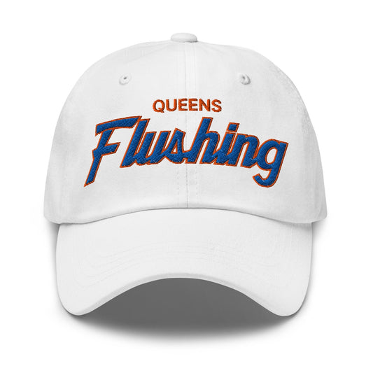 Queens Flushing NYC Vintage Sports Script Embroidered Dad Hat