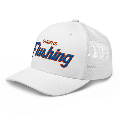 Queens Flushing NYC Vintage Sports Script Embroidered Mesh Trucker Hat
