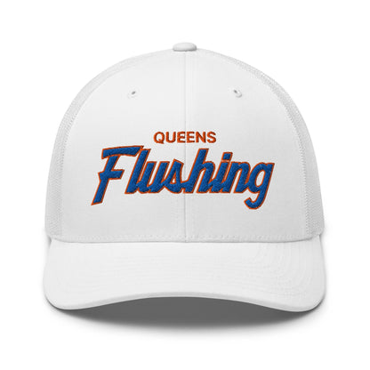 Queens Flushing NYC Vintage Sports Script Embroidered Mesh Trucker Hat