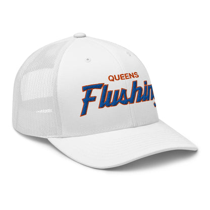 Queens Flushing NYC Vintage Sports Script Embroidered Mesh Trucker Hat