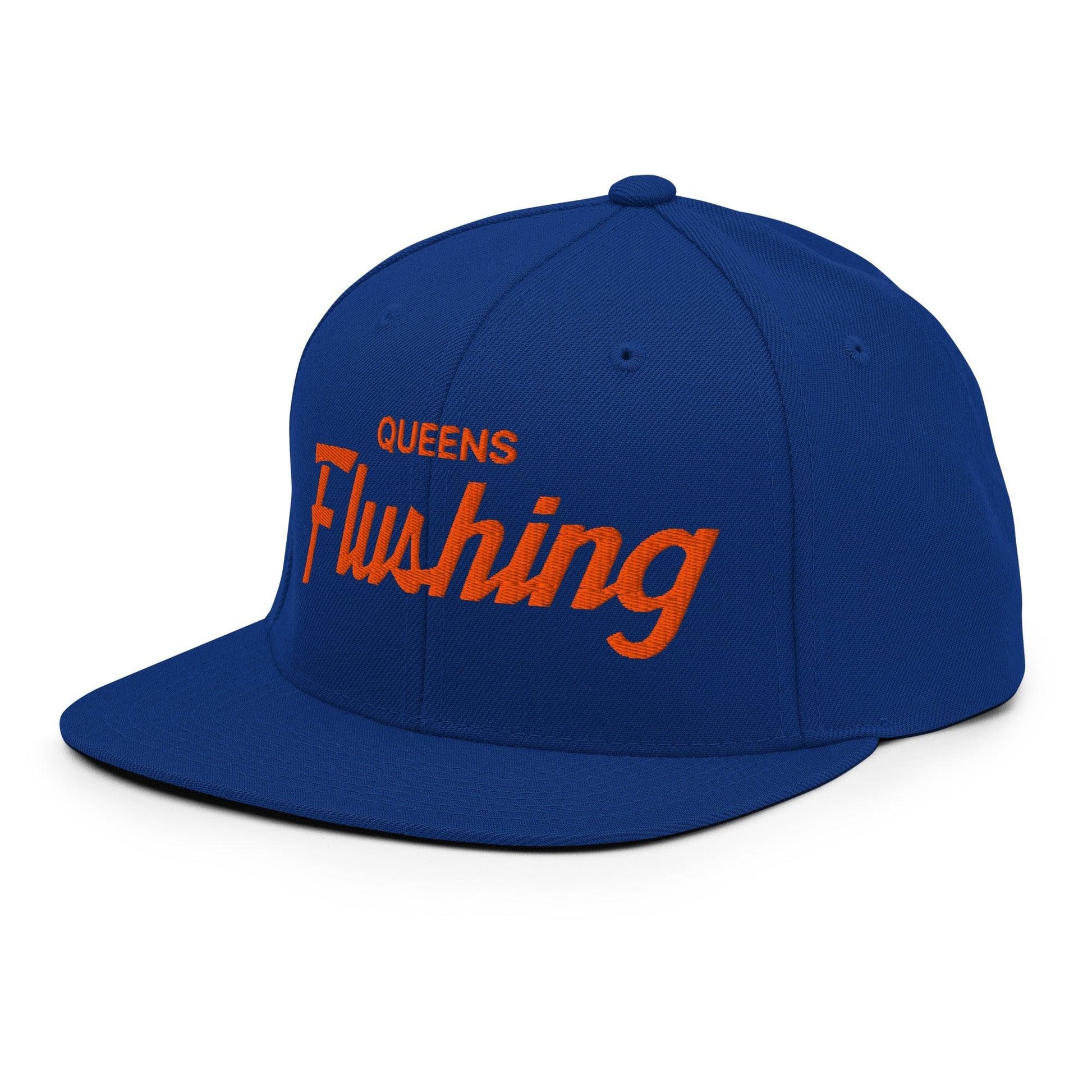 Queens Flushing NYC Vintage Sports Script Flat Bill Brim Snapback Hat