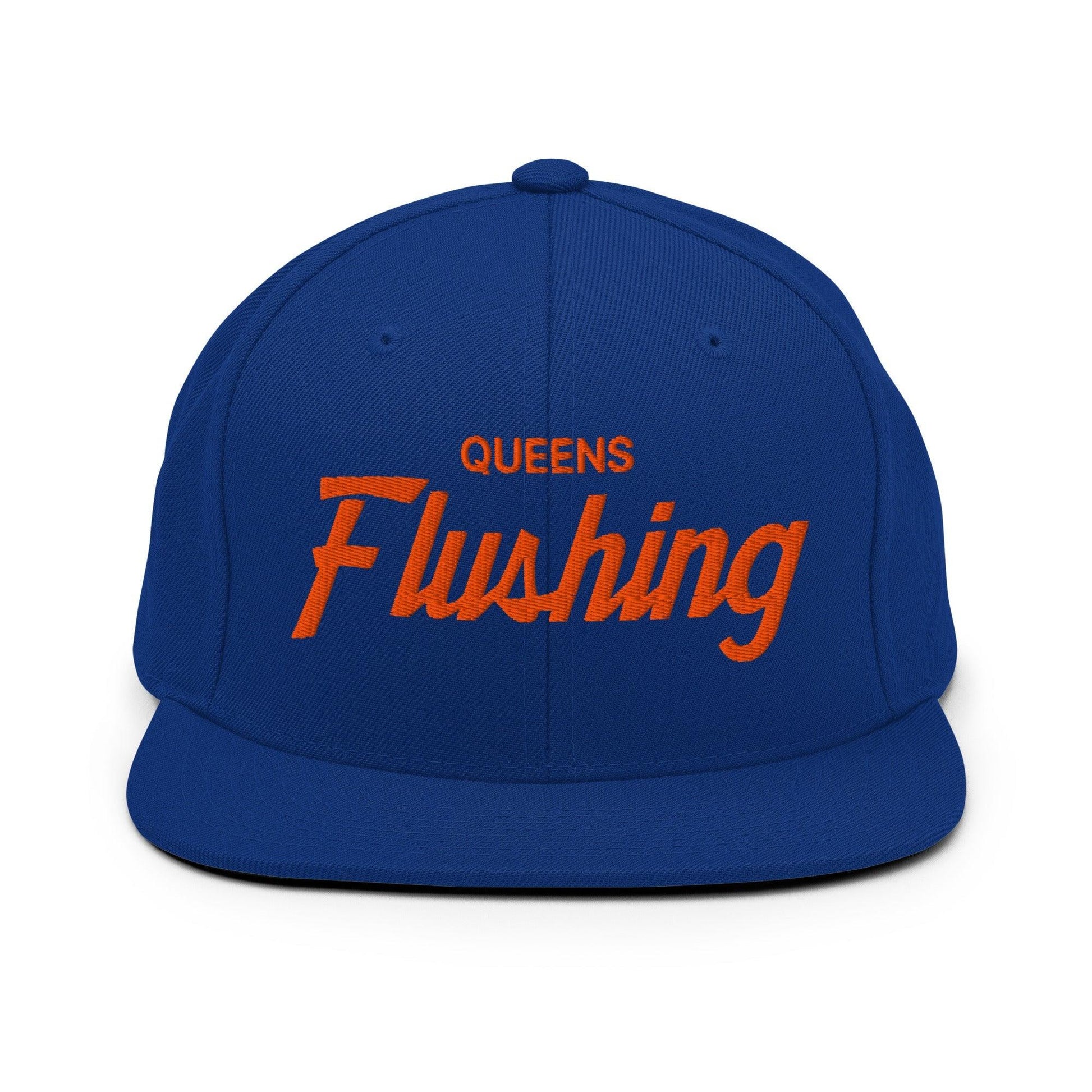 Queens Flushing NYC Vintage Sports Script Flat Bill Brim Snapback Hat