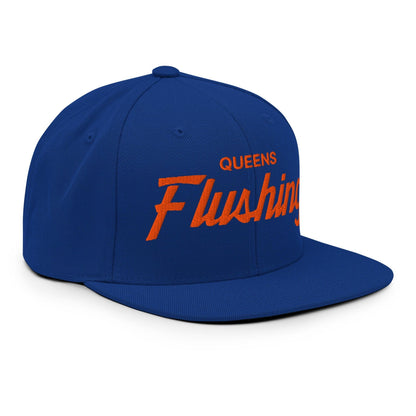 Queens Flushing NYC Vintage Sports Script Flat Bill Brim Snapback Hat