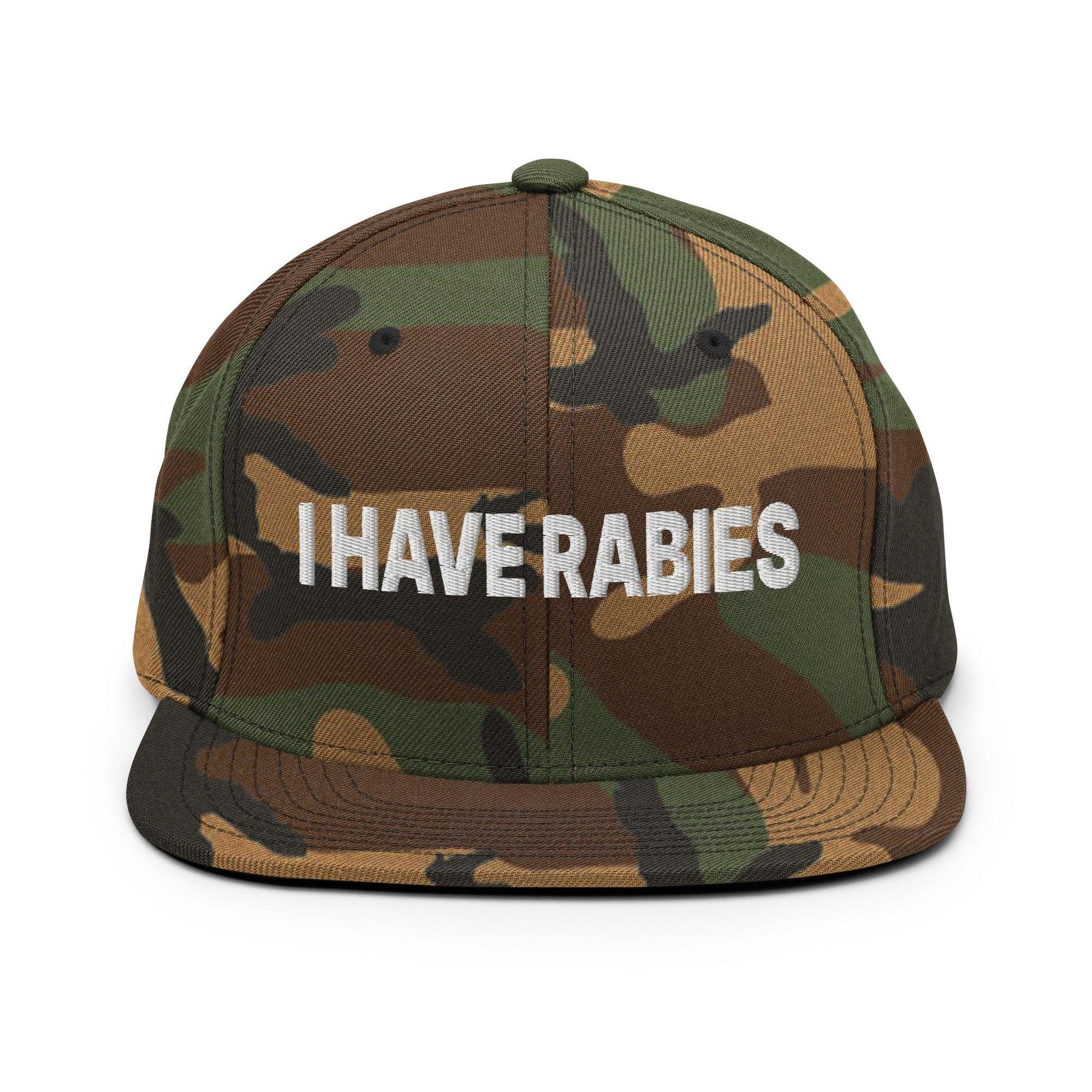 I Have Rabies Embroidered Flat Bill Brim Snapback Hat - Green Camo