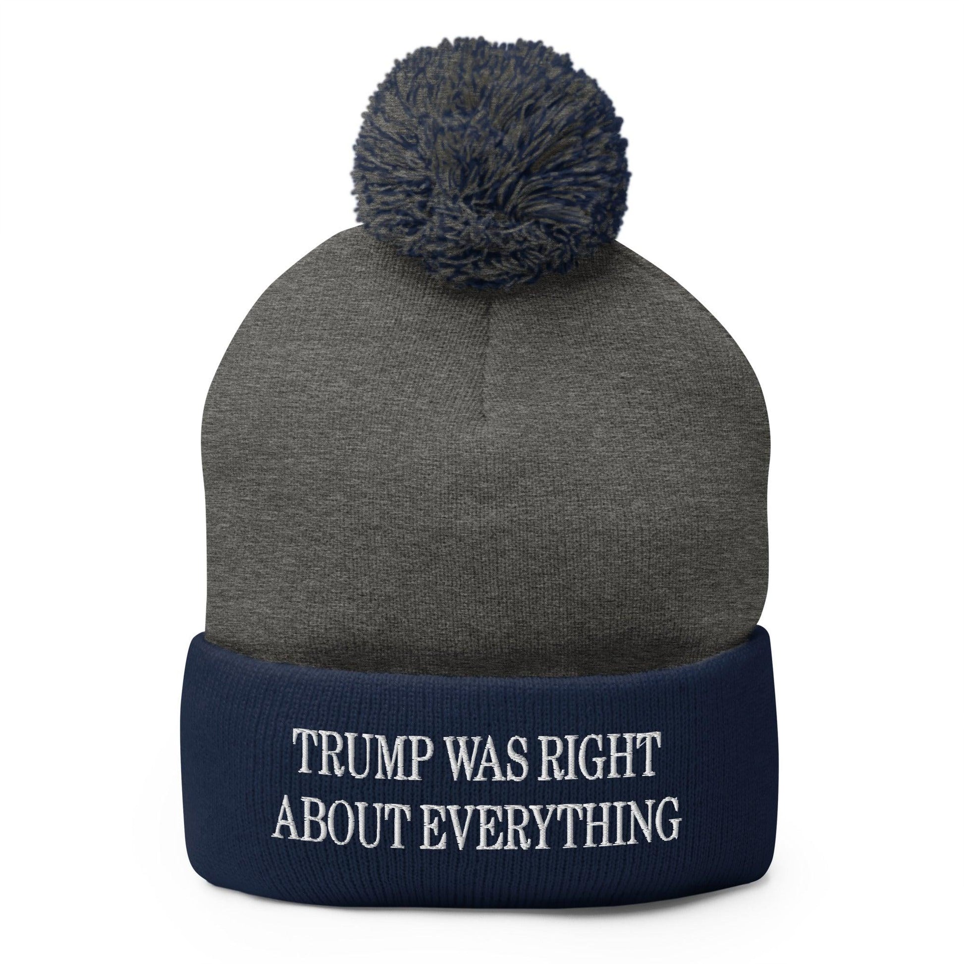 He Was Right About Everything Embroidered Knit Pom Beanie - Dark Heather Grey/ Navy