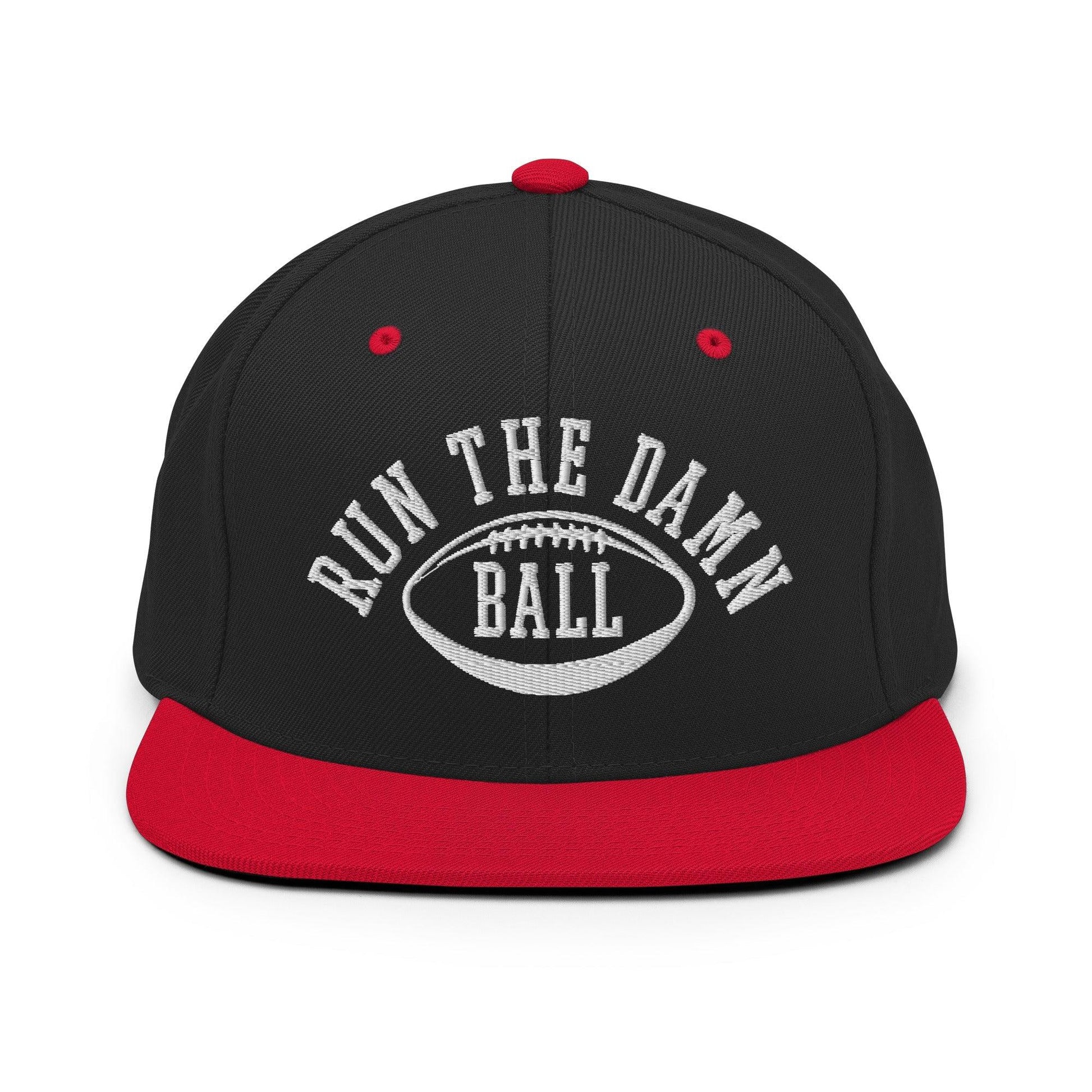 Run The Damn Ball Embroidered Flat Bill Brim Snapback Hat - Black/ Red