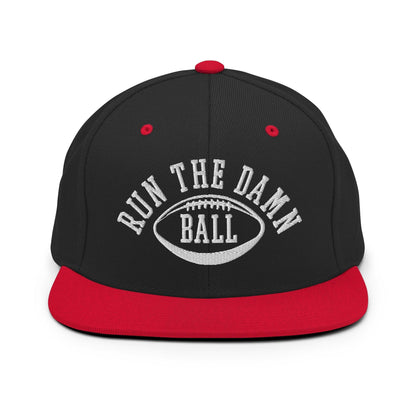 Run The Damn Ball Embroidered Flat Bill Brim Snapback Hat - Black/ Red