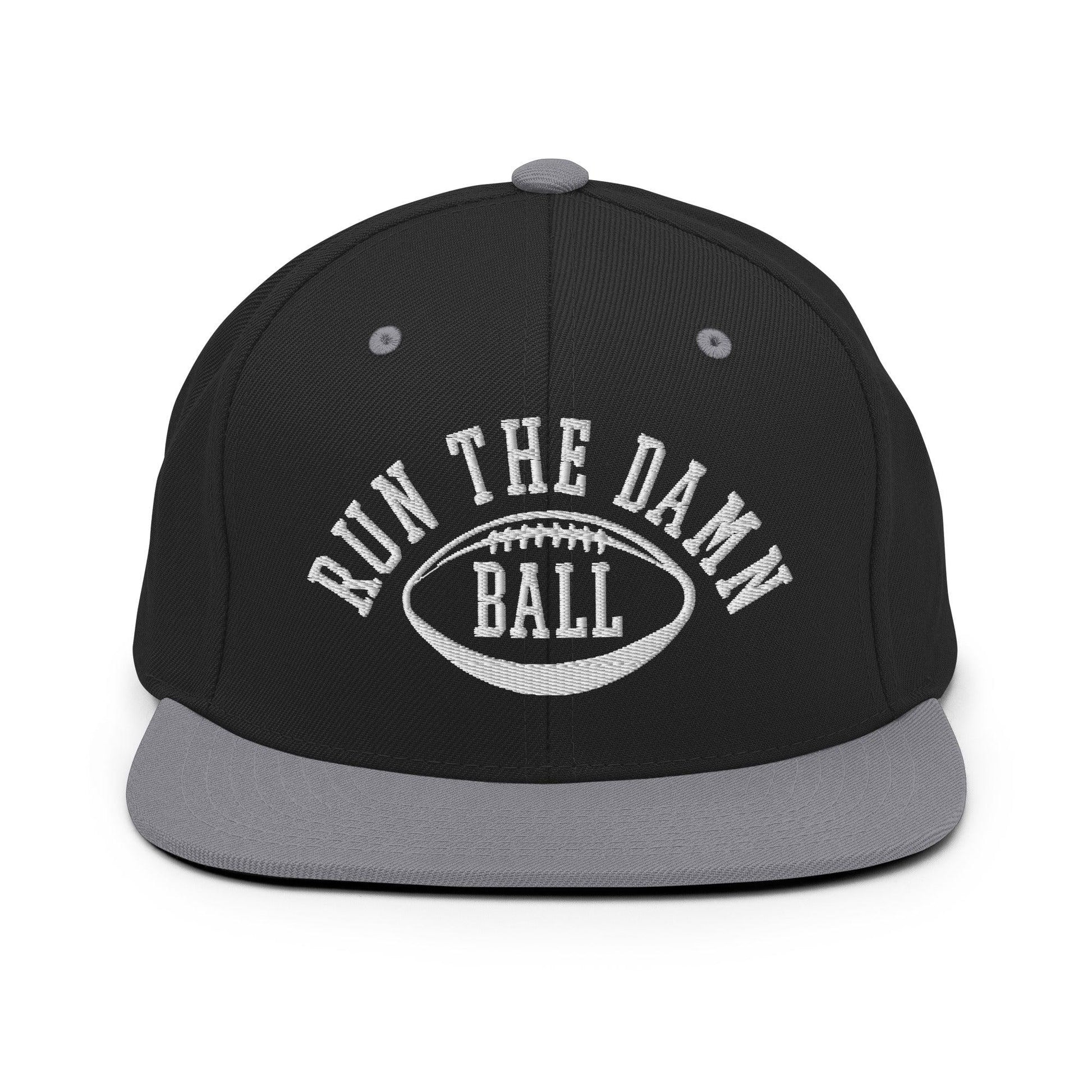 Run The Damn Ball Embroidered Flat Bill Brim Snapback Hat - Black/ Silver