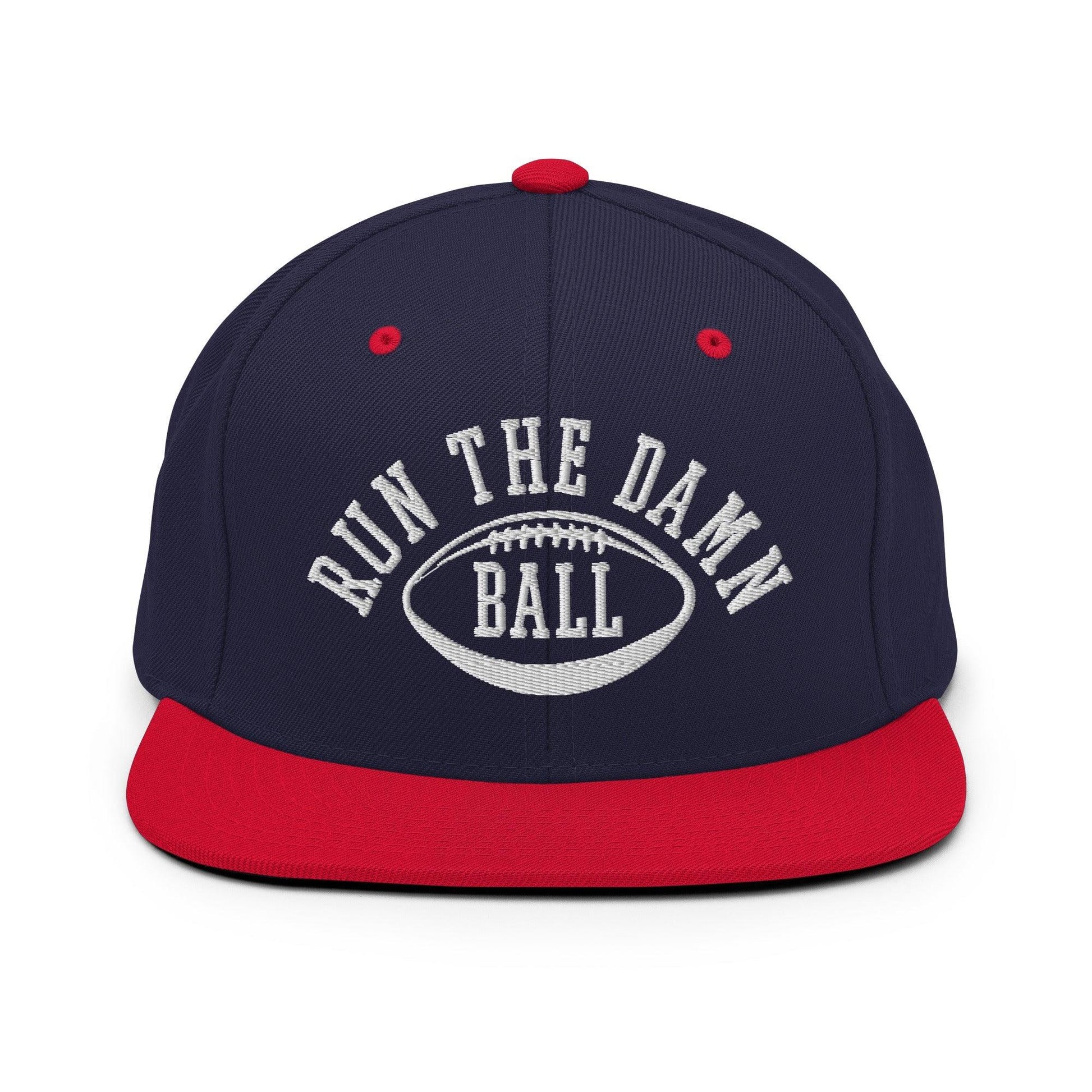 Run The Damn Ball Embroidered Flat Bill Brim Snapback Hat - Navy/ Red
