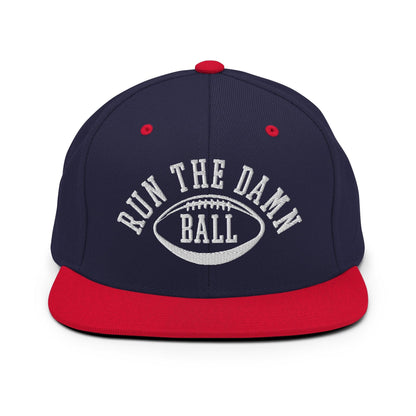 Run The Damn Ball Embroidered Flat Bill Brim Snapback Hat - Navy/ Red
