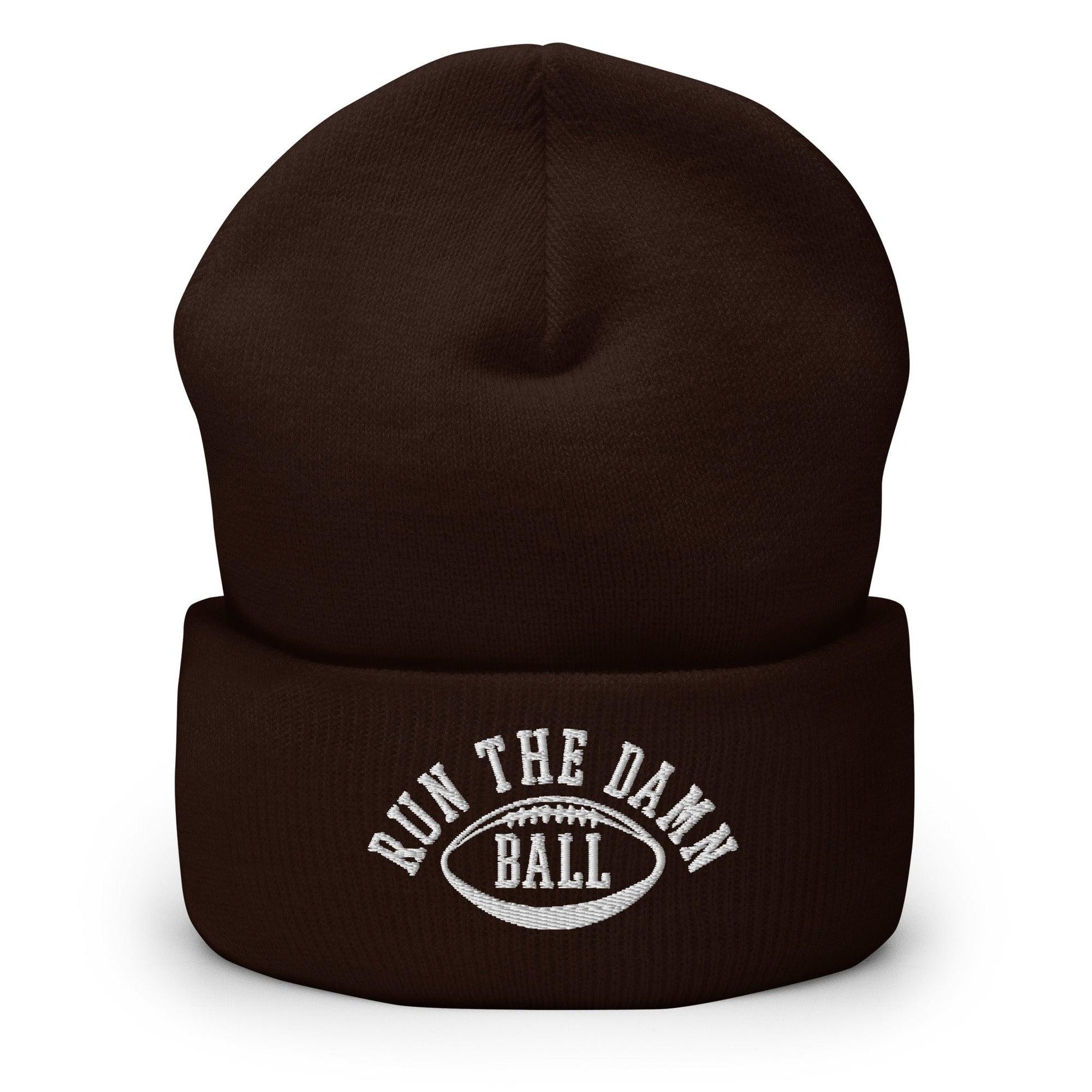 Run The Damn Ball Embroidered Knit Cuffed Beanie - Brown