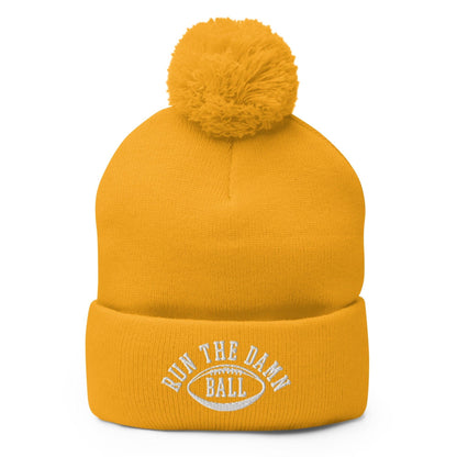 Run The Damn Ball Embroidered Knit Pom Beanie - Gold