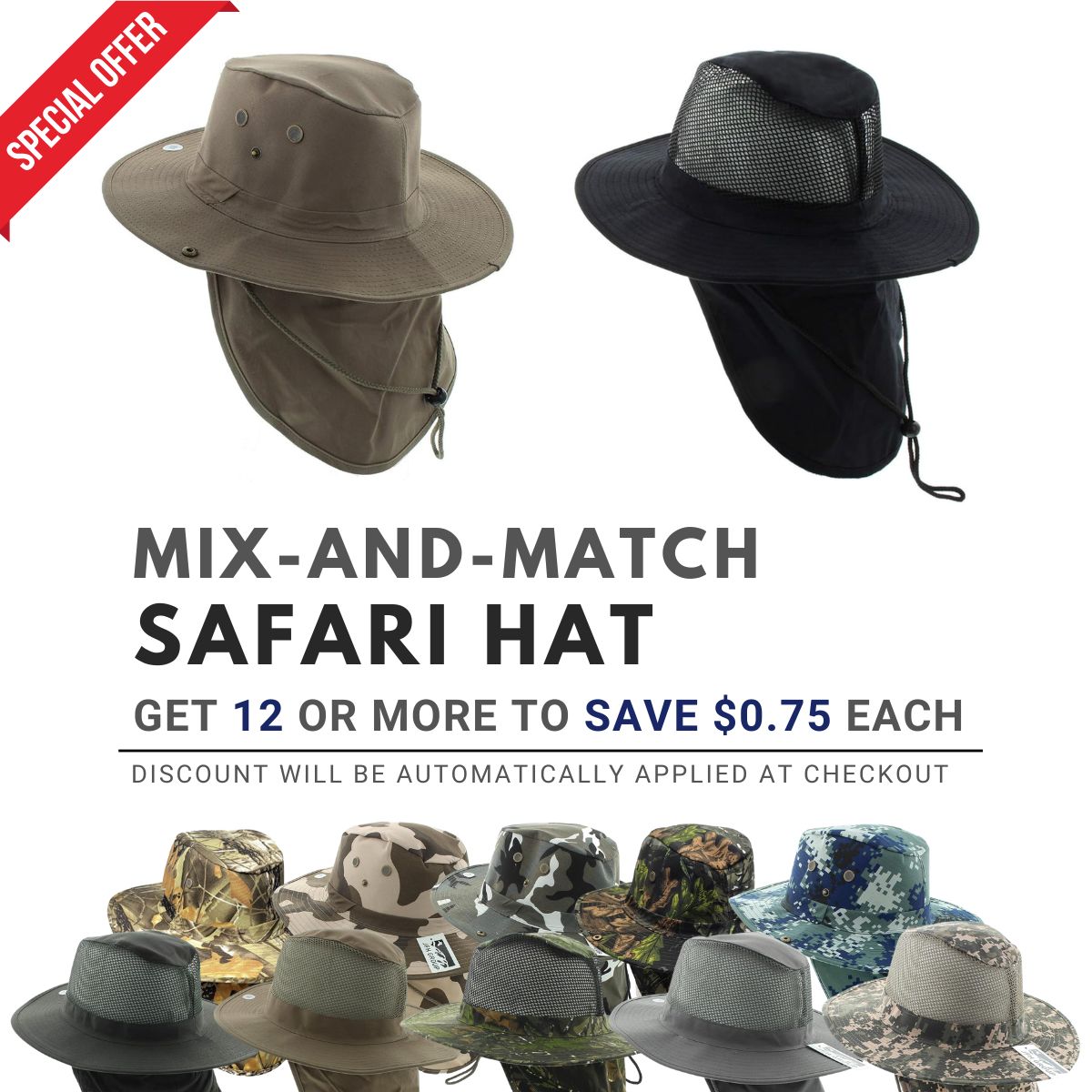 Safari Hat with Neck Cover Mesh Various Colours & Sizes