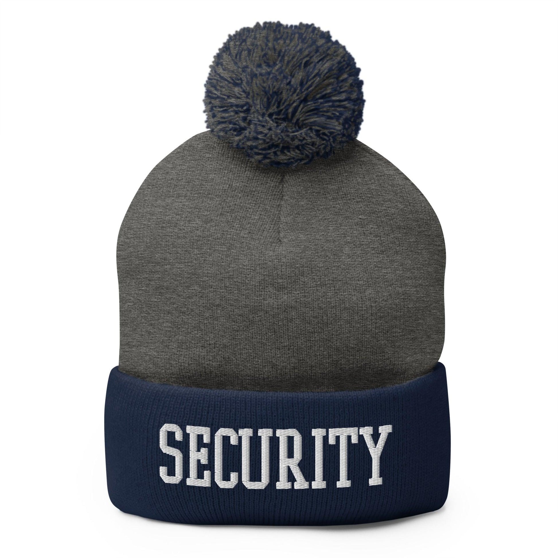 Security Uniform Work Block Embroidered Knit Pom Beanie - Dark Heather Grey/ Navy