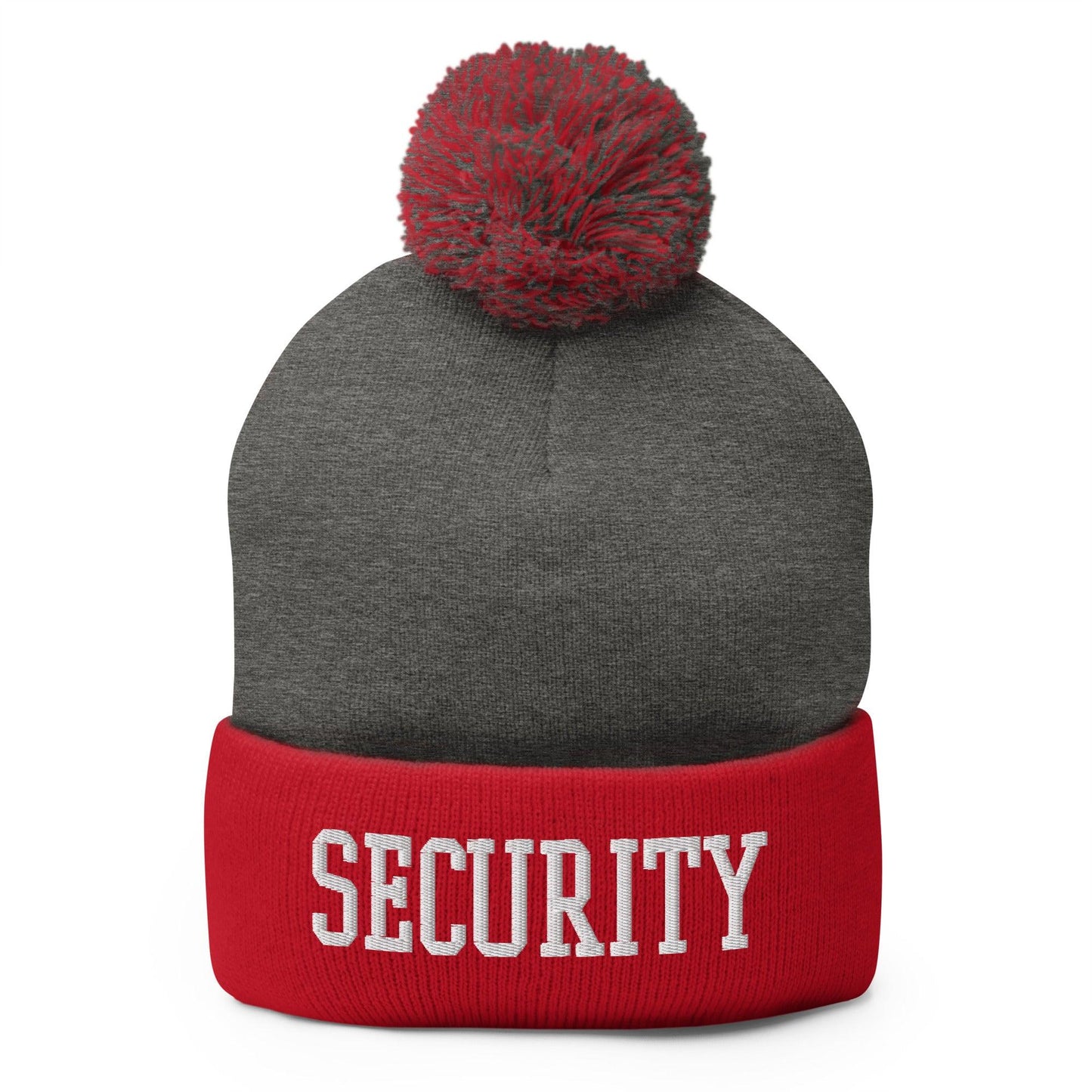 Security Uniform Work Block Embroidered Knit Pom Beanie - Dark Heather Grey/ Red