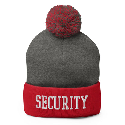 Security Uniform Work Block Embroidered Knit Pom Beanie - Dark Heather Grey/ Red