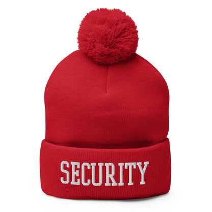 Security Uniform Work Block Embroidered Knit Pom Beanie - Red