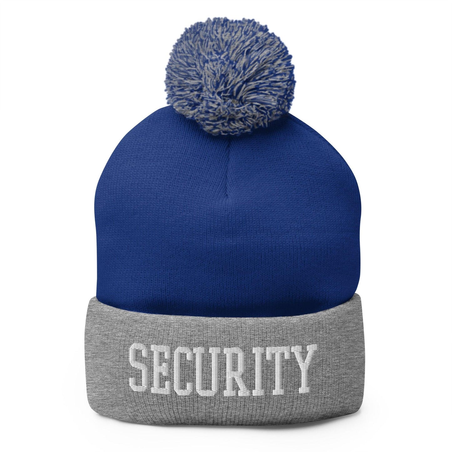 Security Uniform Work Block Embroidered Knit Pom Beanie - Royal/ Heather Grey