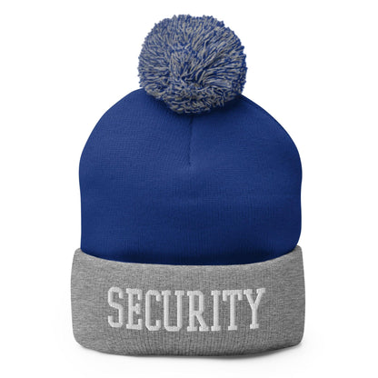 Security Uniform Work Block Embroidered Knit Pom Beanie - Royal/ Heather Grey