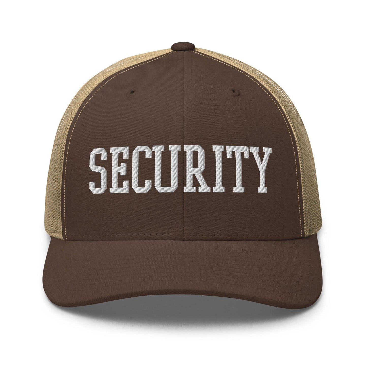 Security Uniform Work Block Embroidered Mesh Trucker Hat - Brown/ Khaki