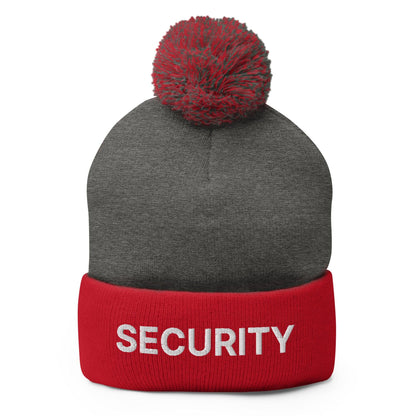 Security Uniform Work Embroidered Knit Pom Beanie - Dark Heather Grey/ Red
