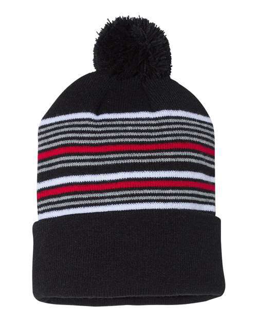 Snag your striped pom-pom beanie now custom apparel available online. P876 - Black/ White/ Grey/ Red / One Size