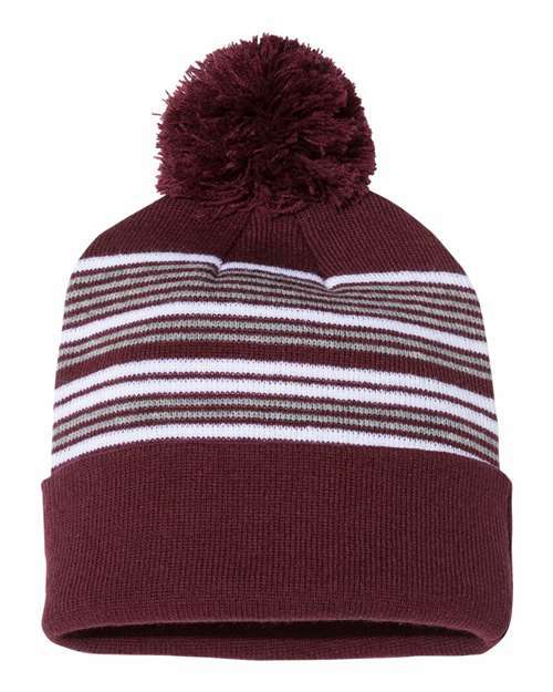 Snag your striped pom-pom beanie now custom apparel available online. P876