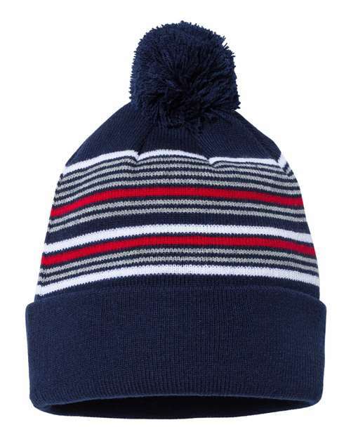 Snag your striped pom-pom beanie now custom apparel available online. P876