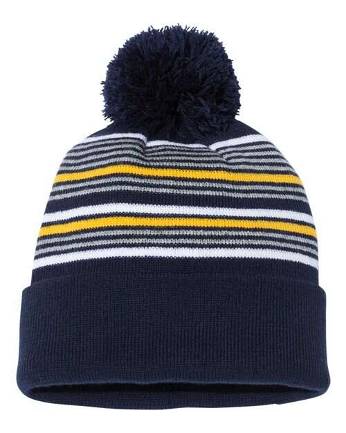 Snag your striped pom-pom beanie now custom apparel available online. P876