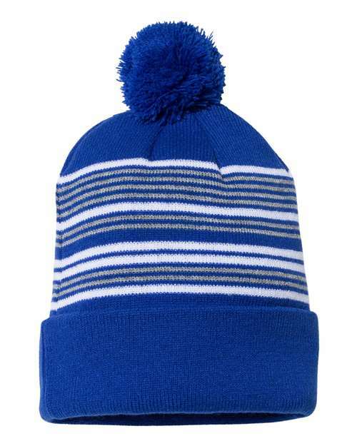 Snag your striped pom-pom beanie now custom apparel available online. P876 - Royal/ White/ Grey / One Size