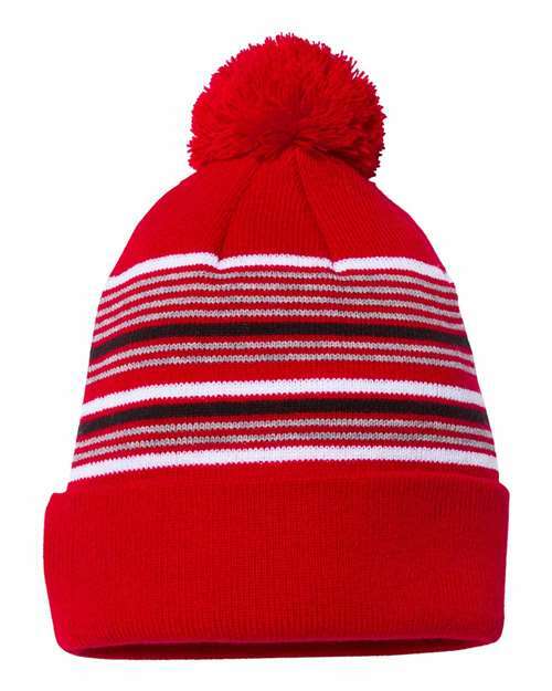 Snag your striped pom-pom beanie now custom apparel available online. P876