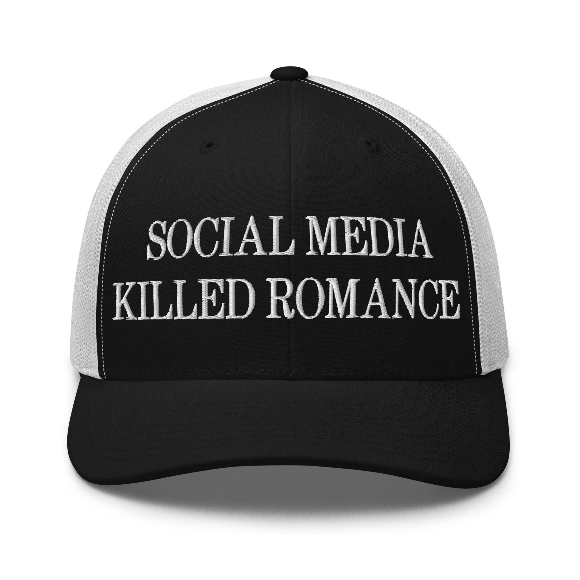 Social Media Killed Romance Embroidered Mesh Trucker Hat - Black/ White