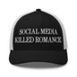 Social Media Killed Romance Embroidered Mesh Trucker Hat - Black/ White