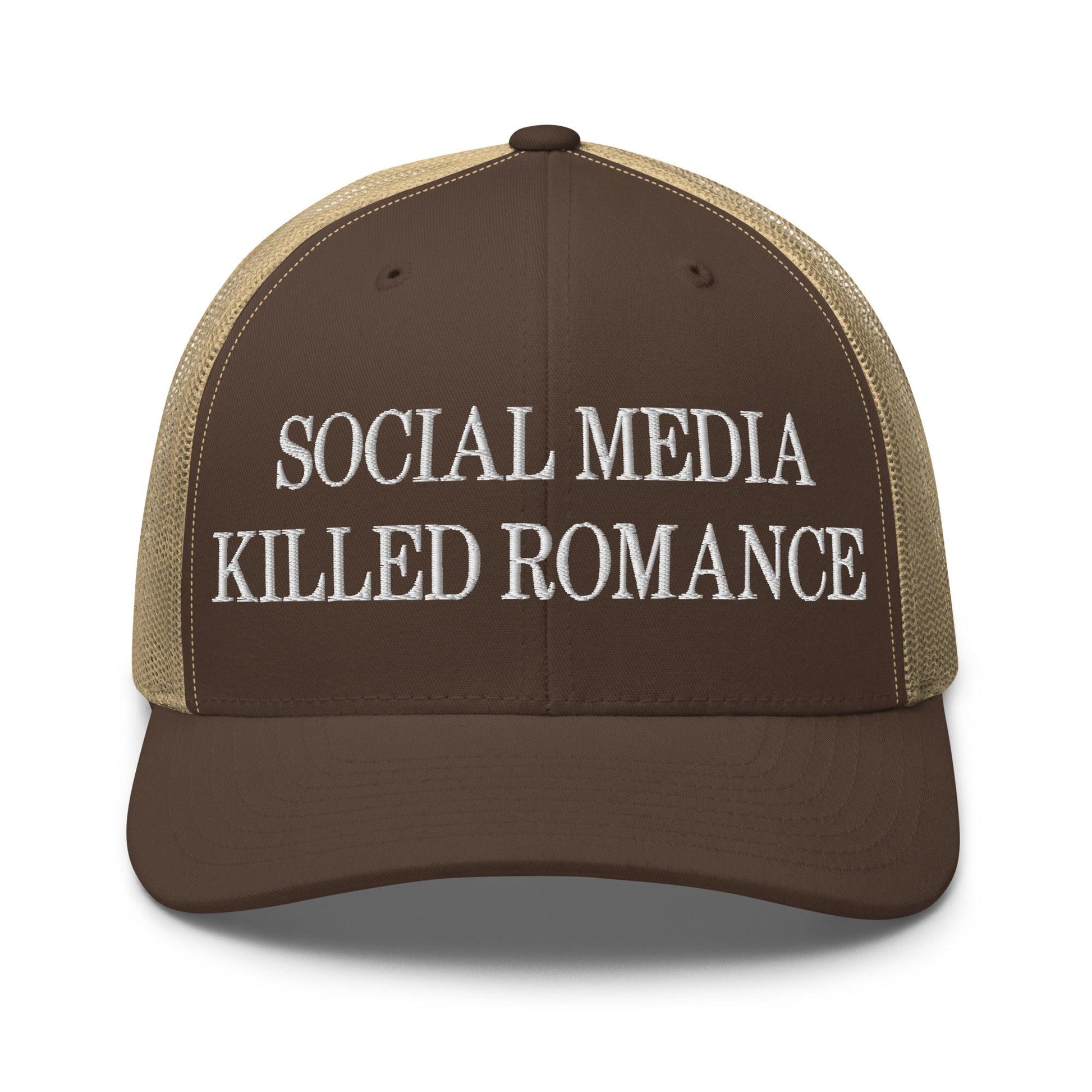 Social Media Killed Romance Embroidered Mesh Trucker Hat - Brown/ Khaki