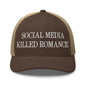 Social Media Killed Romance Embroidered Mesh Trucker Hat - Brown/ Khaki