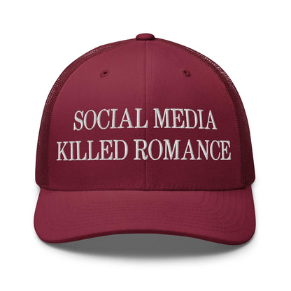 Social Media Killed Romance Embroidered Mesh Trucker Hat - Cranberry