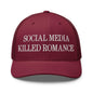 Social Media Killed Romance Embroidered Mesh Trucker Hat - Cranberry