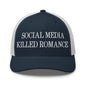 Social Media Killed Romance Embroidered Mesh Trucker Hat - Navy/ White