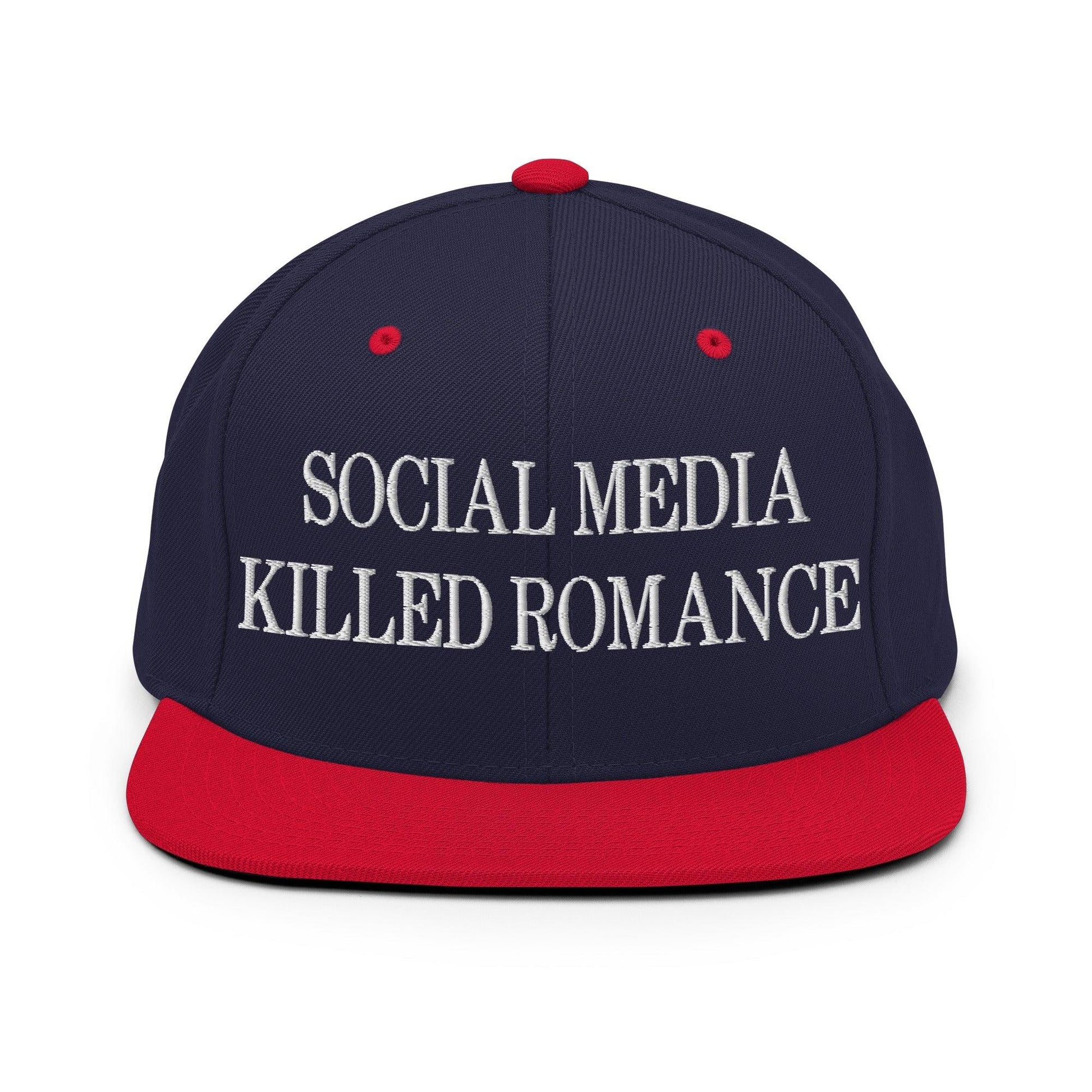 Social Media Killed Romance Flat Bill Brim Snapback Hat - Navy/ Red