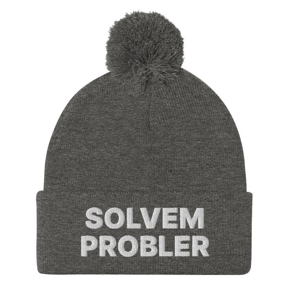 Solvem Probler Embroidered Knit Pom Beanie - Dark Heather Grey