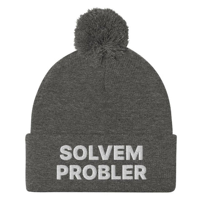 Solvem Probler Embroidered Knit Pom Beanie - Dark Heather Grey