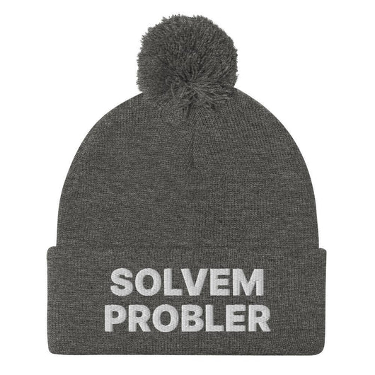 Solvem Probler Embroidered Knit Pom Pom Beanie - Dark Heather Grey