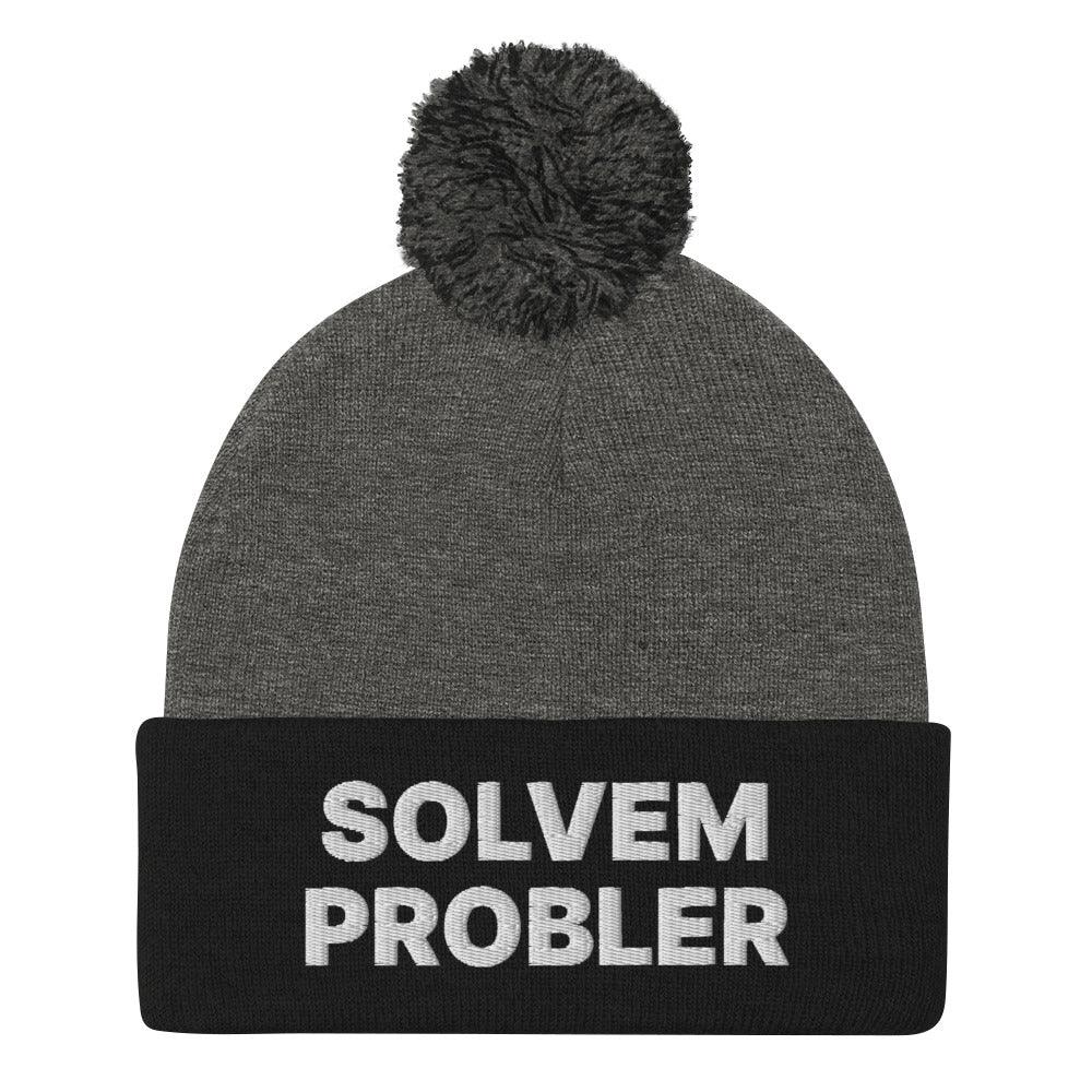 Solvem Probler Embroidered Knit Pom Beanie - Dark Heather Grey/ Black