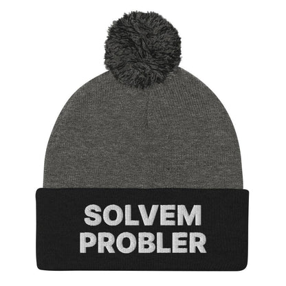 Solvem Probler Embroidered Knit Pom Beanie - Dark Heather Grey/ Black