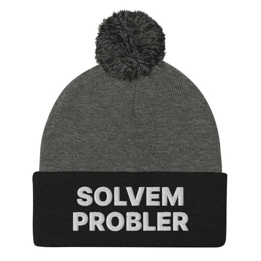 Solvem Probler Embroidered Knit Pom Pom Beanie - Dark Heather Grey/ Black