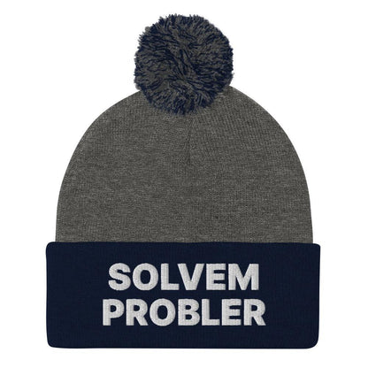 Solvem Probler Embroidered Knit Pom Beanie - Dark Heather Grey/ Navy