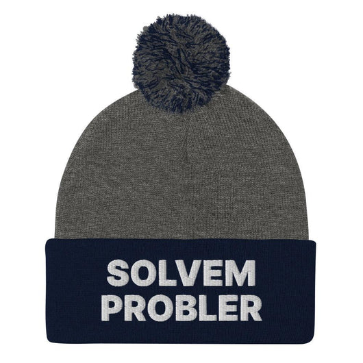 Solvem Probler Embroidered Knit Pom Pom Beanie - Dark Heather Grey/ Navy