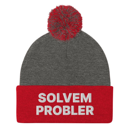 Solvem Probler Embroidered Knit Pom Pom Beanie - Dark Heather Grey/ Red