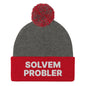 Solvem Probler Embroidered Knit Pom Beanie - Dark Heather Grey/ Red
