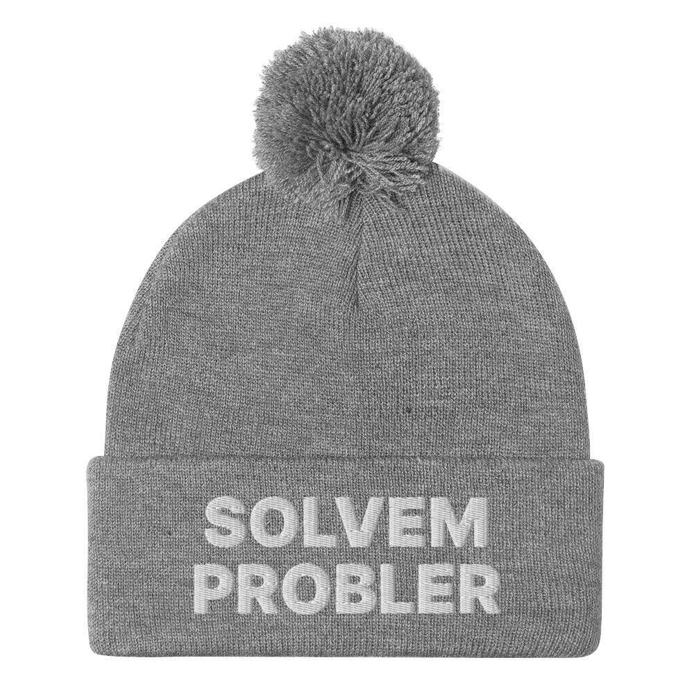 Solvem Probler Embroidered Knit Pom Beanie - Heather Grey